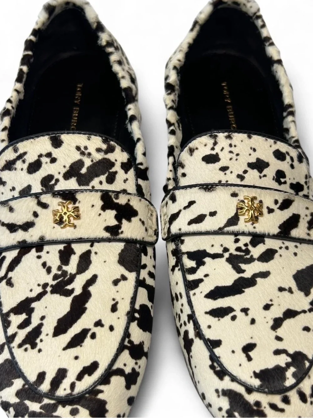 Tory Burch Ballet Loafers in Cow Print, dyed calf hair, smooth leather piping.